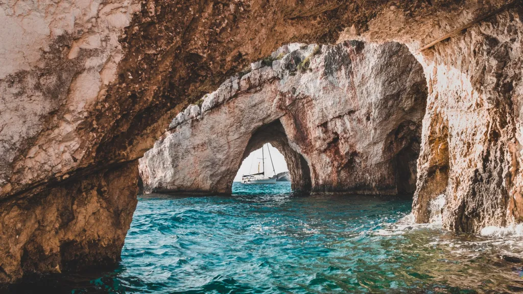 Ship seen through caves